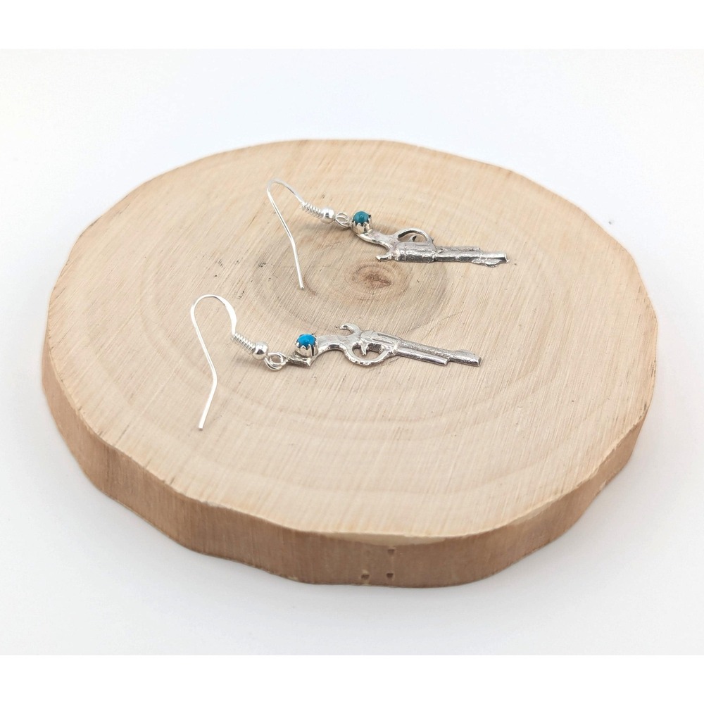 Handmade Navajo Sterling Silver Gun w/ Turquoise Dangle Earrings Western Style** - Picture 8 of 11